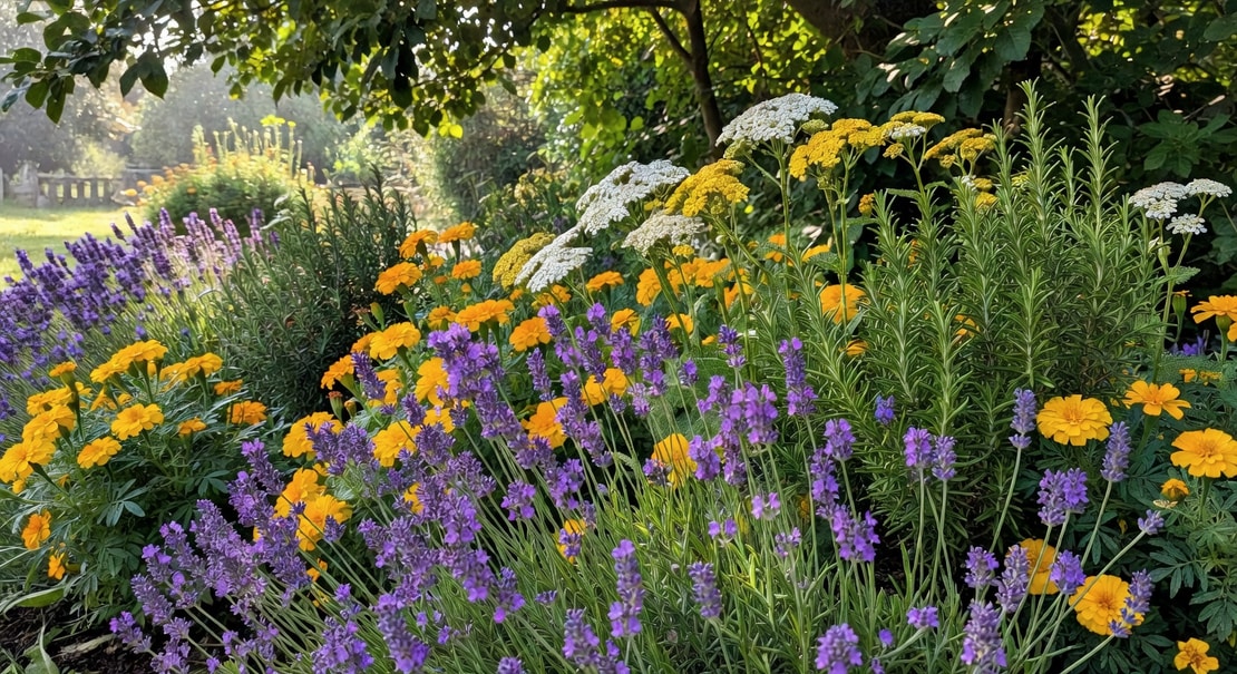 花園邊緣盛開薰衣草與迷迭香，後方金盞花和蓍草，陽光透過樹葉灑落光影，遠處木製矮圍籬