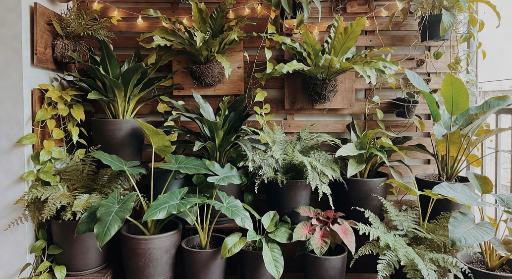 小陽台叢林佈置，深色陶盆層疊種植姑婆芋、蘭花薑、蕨類、彩葉芋和黃金葛，牆上掛鳥巢蕨，燈串營造黃昏
