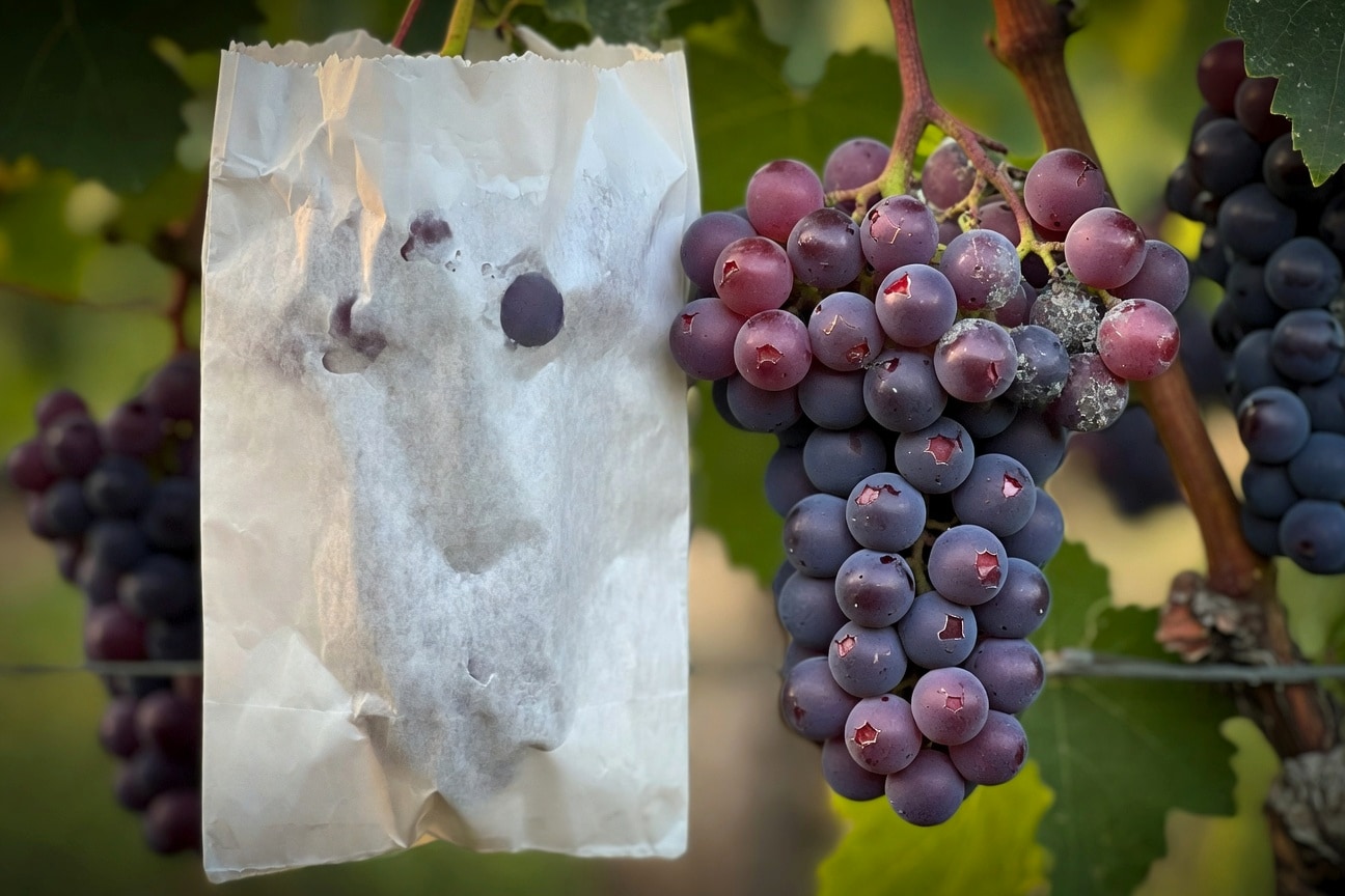 果園展示套袋健康葡萄串與未套袋啄食痕跡葡萄，對比鮮明。