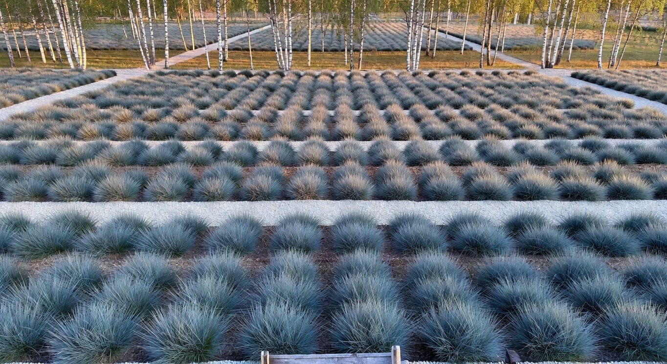 一整片藍灰色藍羊茅草叢等距種植，間有白色砂礫走道，遠處排立白樺樹。