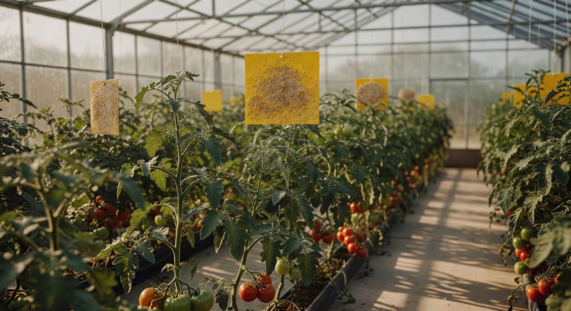 溫室內黃色黏板掛在番茄植株頂部，上面黏滿大量白色粉蝨