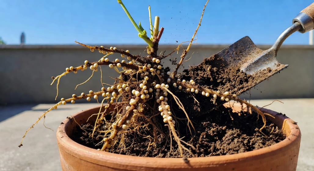 陽台盆栽翻土後，豆科根系和白色根瘤清晰可見