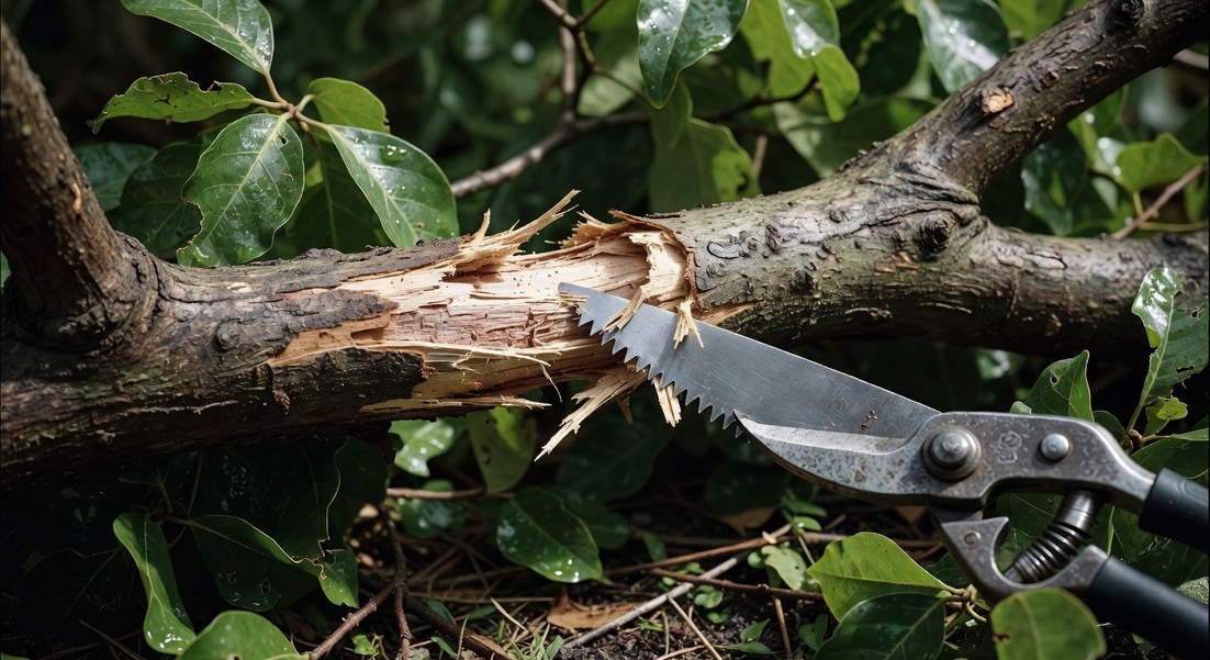 園藝工作者用消毒鋸修整颱風後撕裂主枝傷口。