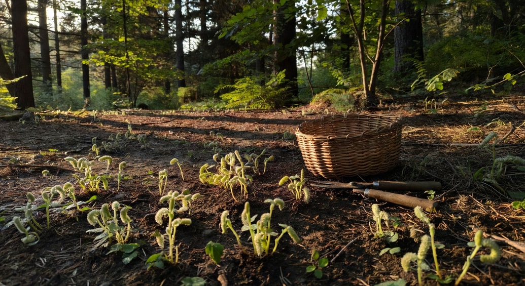山林過貓嫩芽冒出旁邊採集籃和剪刀