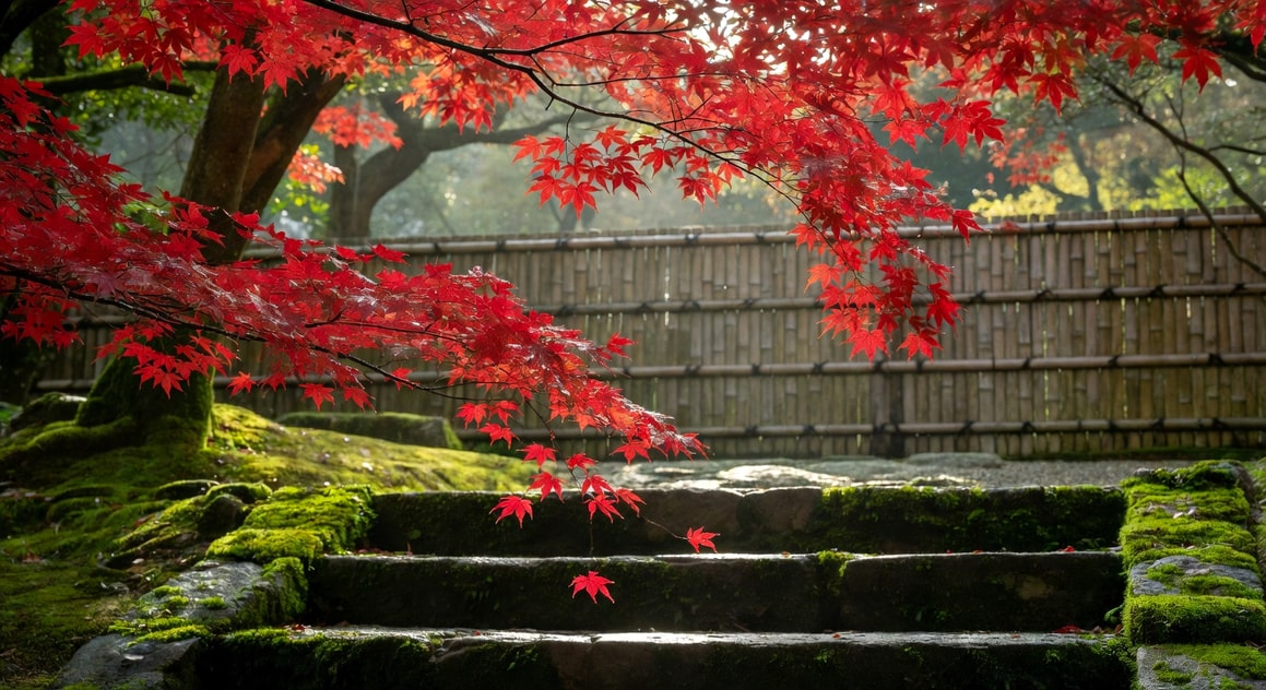 雨後紅葉日本楓枝條，紅葉散落青苔石階上，遠處竹籬