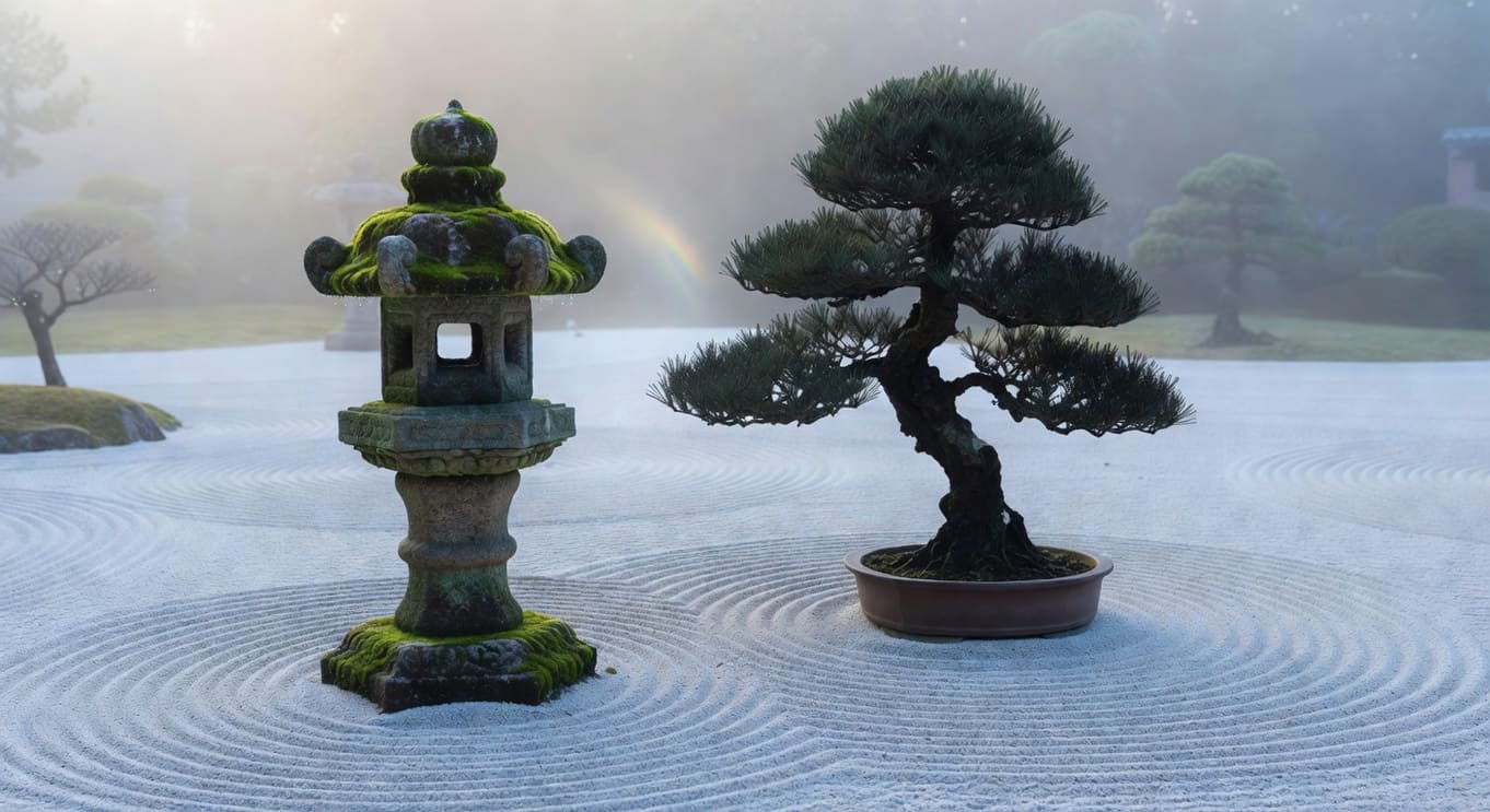 苔蘚覆蓋石燈籠旁黑松盆景，白砂耙出波紋，晨霧瀰漫