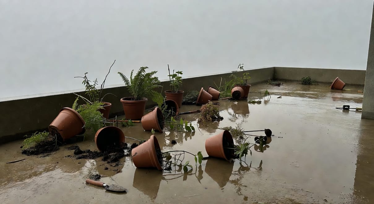 颱風過後陽台積水：盆栽東倒西歪，愛好者正清理現場