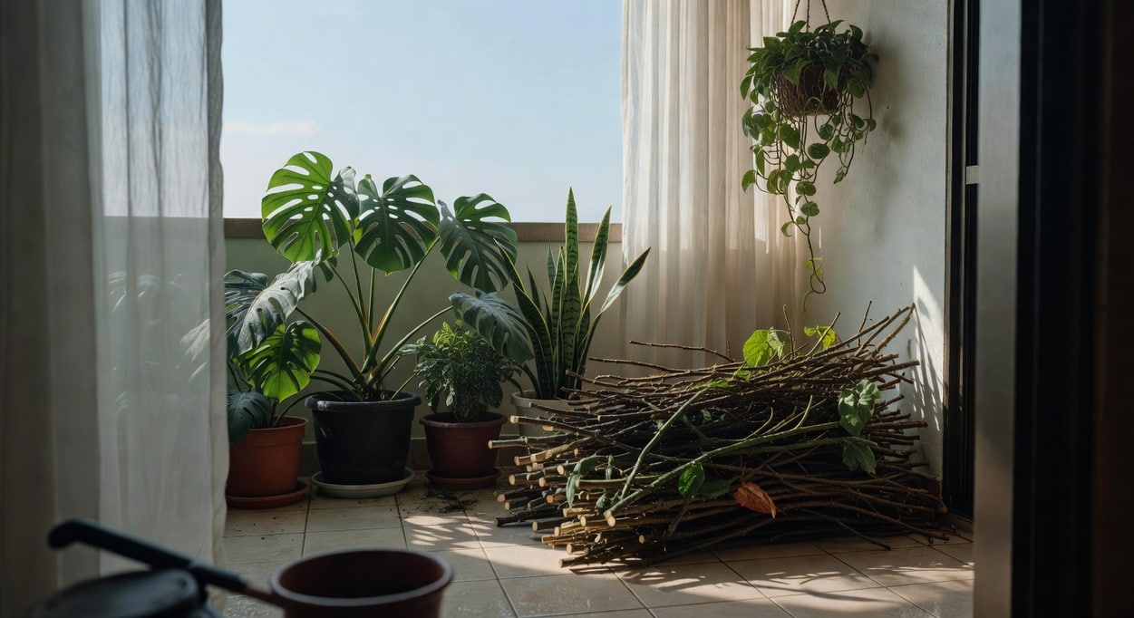 颱風後第二天晴空：陽台植物已整理歸位，修剪枝條堆疊一旁