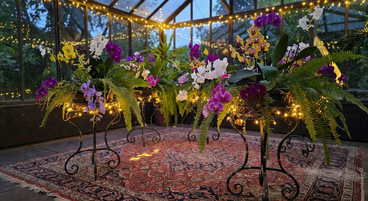 傍晚玻璃花房內串燈照亮，鑄鐵花架上滿是蘭花與蕨類，鋪有舊波斯地毯。