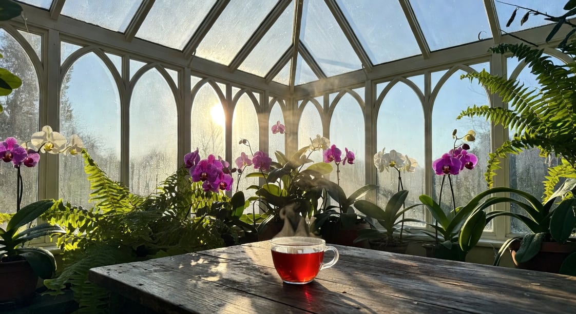 清晨陽光透過玻璃花房尖拱屋頂，蘭花蕨類葉片帶水霧，老木桌上放紅茶杯。
