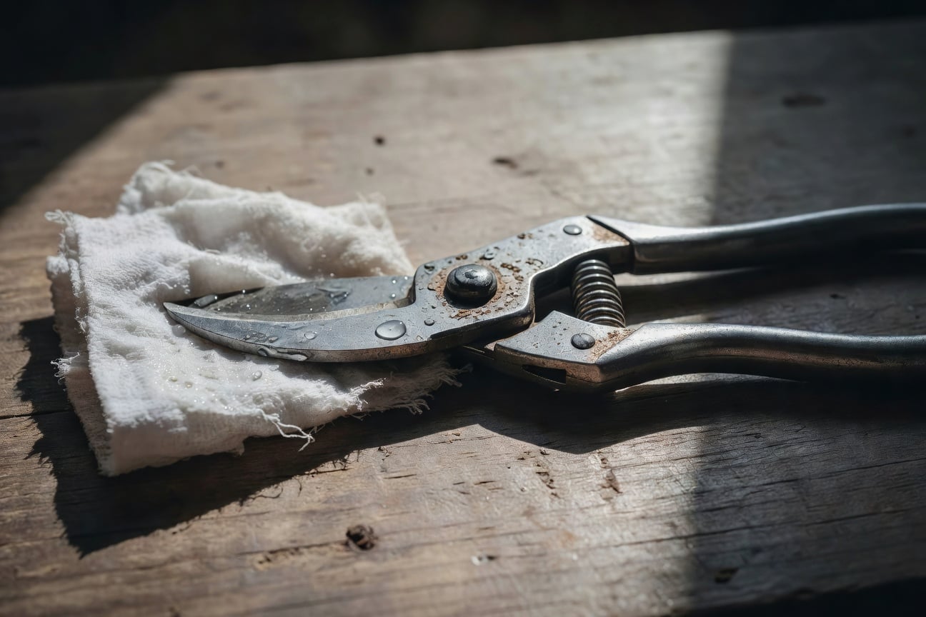 園藝工作者手部特寫：用漂白水溶液擦拭修剪剪刀
