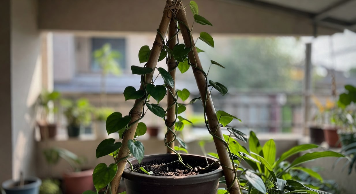 深桶中山藥藤蔓沿竹竿三角架向上攀爬陽台