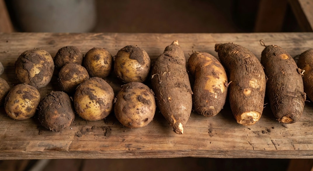 桶中挖出新鮮馬鈴薯與山藥塊根，並排木板上帶泥土