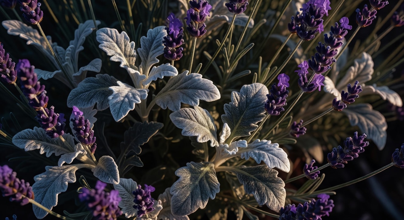 月光下銀葉菊絨毛葉片與深紫薰衣草交織特寫，散發冷調光澤