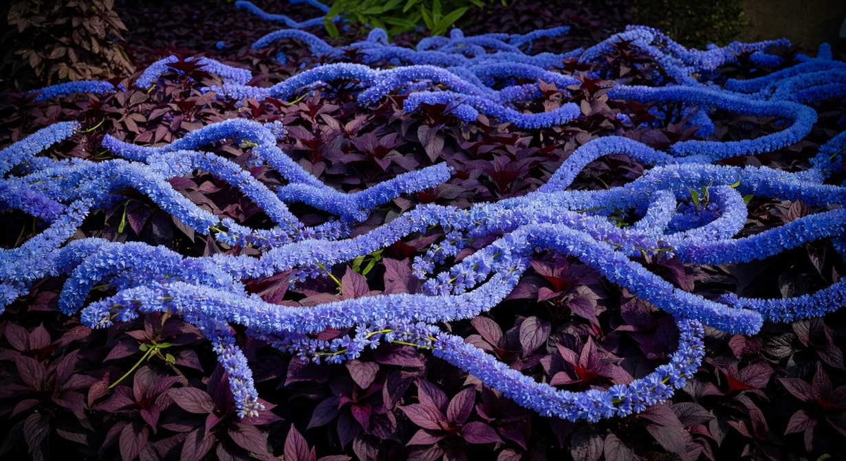 紅花檵木深紫葉前藍紫花卉飄帶式群植景觀