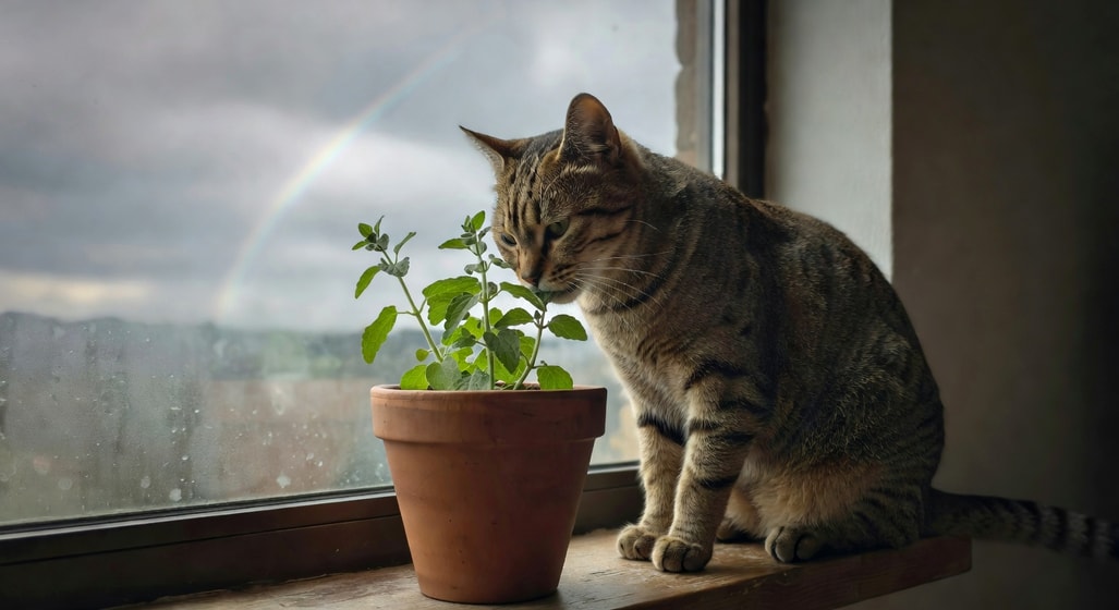 窗邊貓咪低頭啃食貓草盆栽嫩葉的溫馨場景