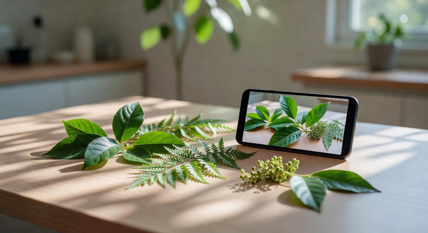 獸醫診室桌上比對植物樣本和手機照片