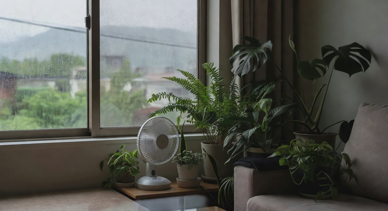 梅雨季客廳窗邊電扇輕吹室內植物群的日常場景