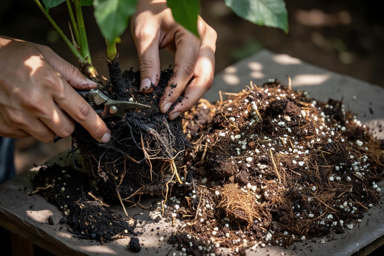 根腐脫盆後修剪黑色腐根手部特寫旁邊新介質
