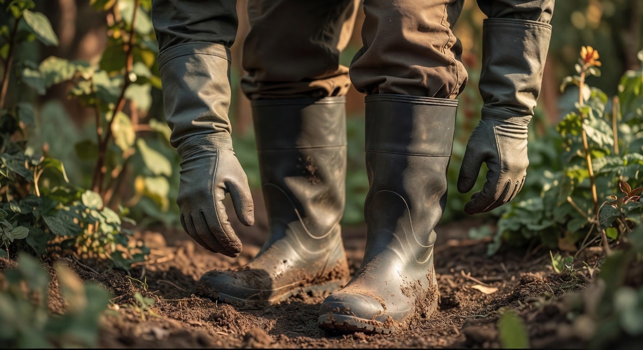 園藝工作者袖口紮入手套，褲管塞入雨靴的密合穿著細節