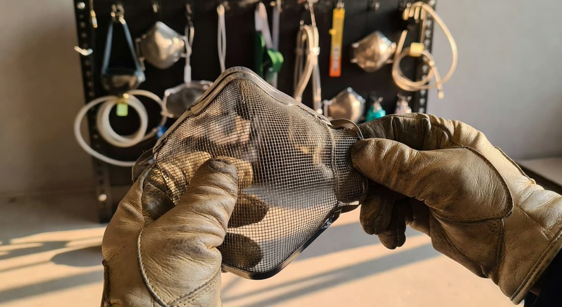 工作前手部特寫檢查面罩網眼完整性及背景裝備架