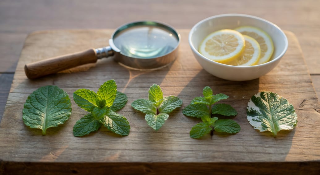 木砧板上擺五種薄荷葉片，旁有放大鏡和裝檸檬片的瓷碗，光線柔和。