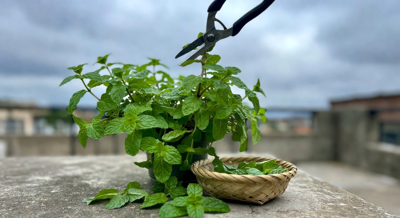 陽台上茂盛綠薄荷被剪刀修剪，鮮葉放旁小竹籃中。
