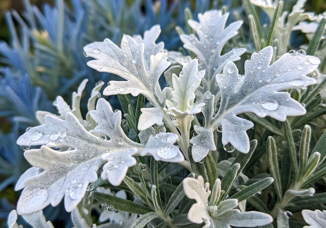 近景特寫銀葉菊薰衣草葉片交疊，水珠在絨毛上凝結，背景模糊藍羊茅。