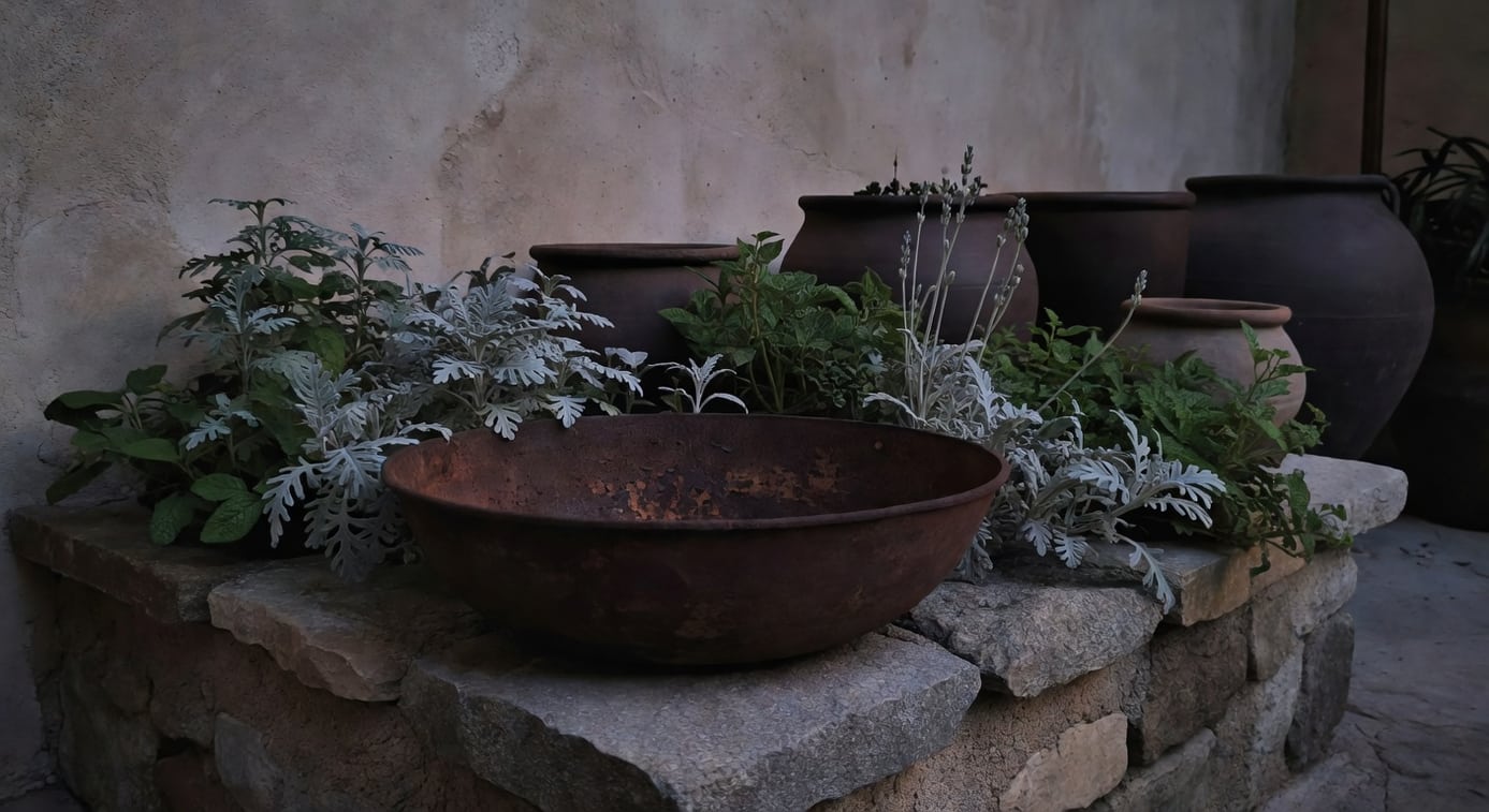 黃昏石砌花圃中灰綠植物環繞鏽鐵水缽，背景灰泥牆與深色陶盆。