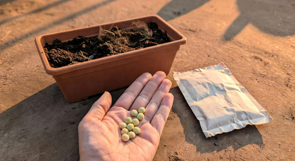 手掌持豌豆種子旁整土花盆和種子袋