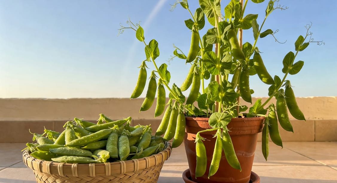 陽台清晨豌豆植株滿豆莢旁竹籃裝採收豆