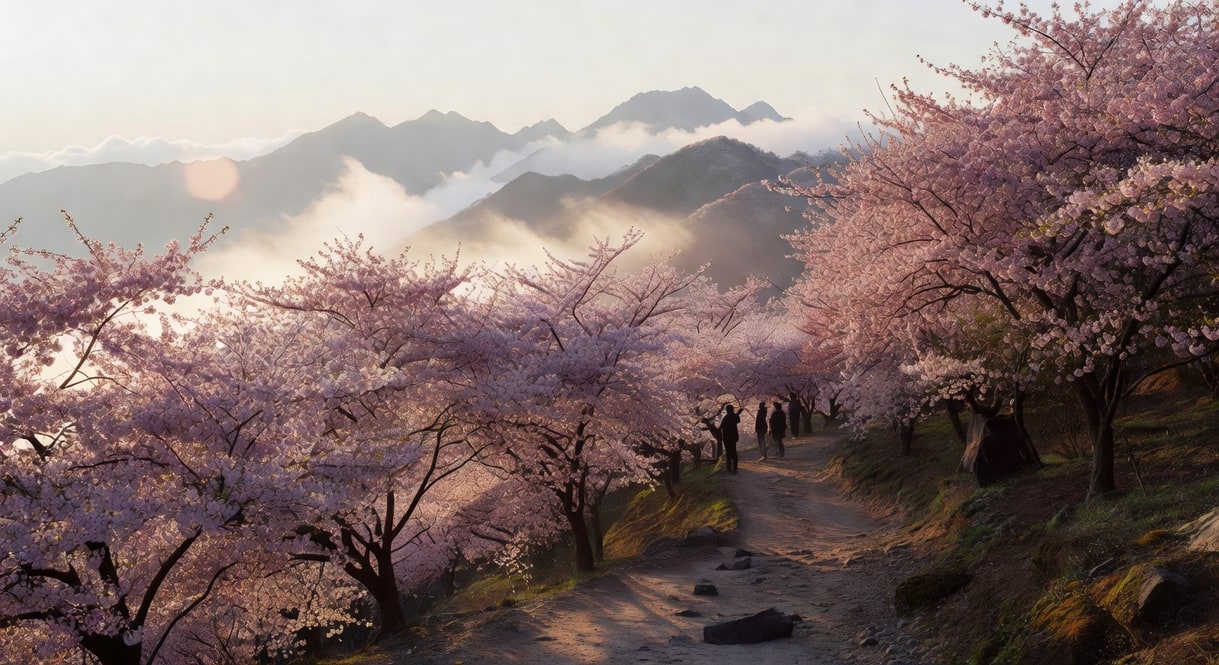 陽明山小徑旁盛開山櫻花，遠方雲霧山巒，遊人駐足仰望。