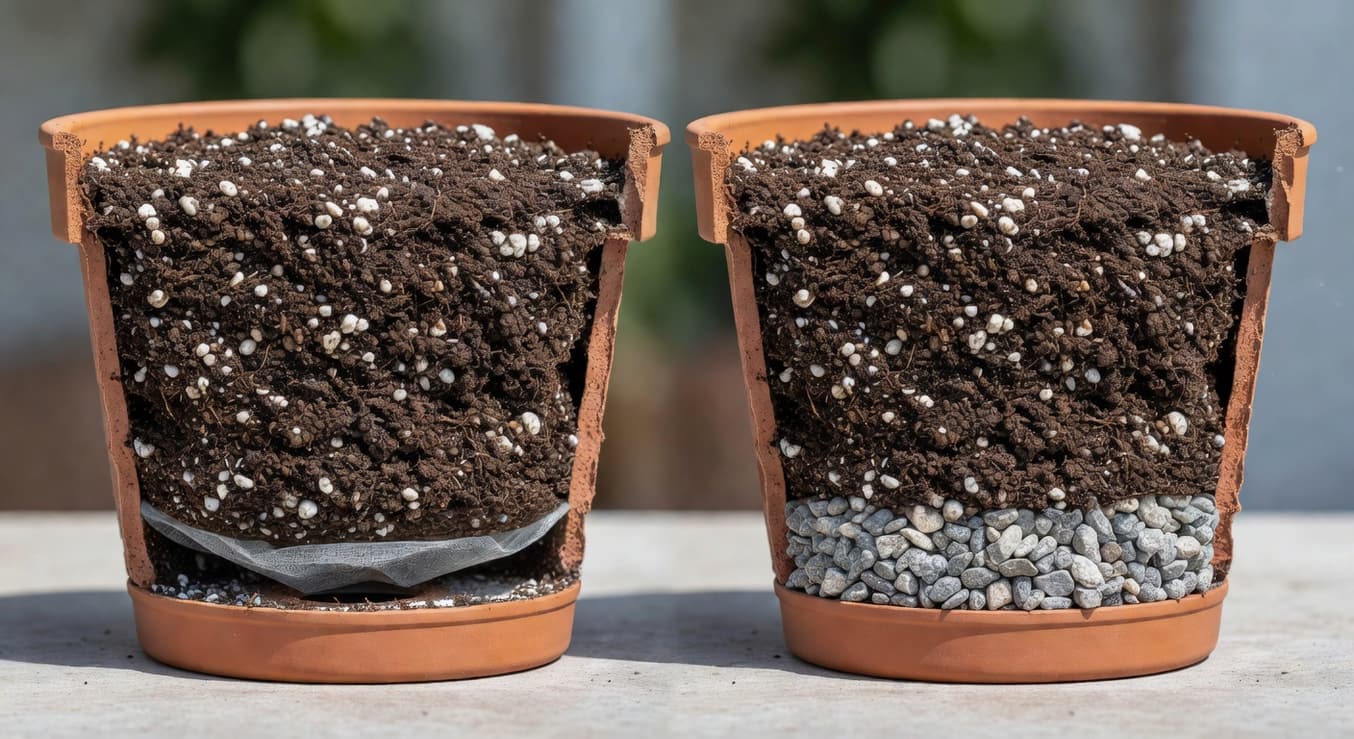 花盆剖面示意圖，內部填充均勻園藝介質，底孔覆蓋薄不織布，對比錯誤鋪碎石盆