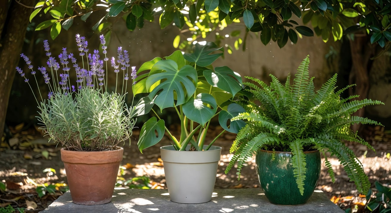 三個並排盆栽對比：素燒陶盆種薰衣草、塑膠盆種觀葉龜背芋、上釉陶盆雙盆種室內蕨類