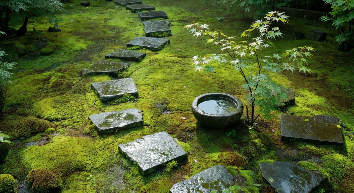 雨後俯視苔蘚庭院，石板踏步蜿蜒翠綠苔毯，小楓樹水缽角落，濕潤氣息瀰漫。