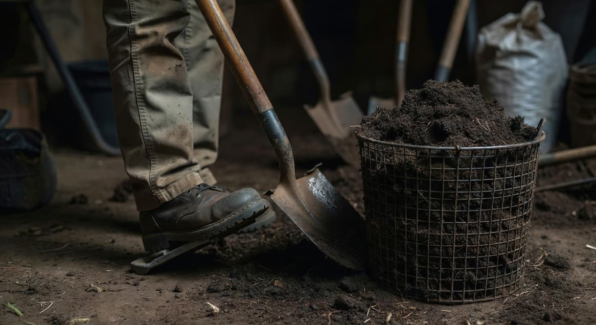 園藝工作者踩圓鍬挖土，旁邊堆肥籃內有新鏟起的深色堆肥