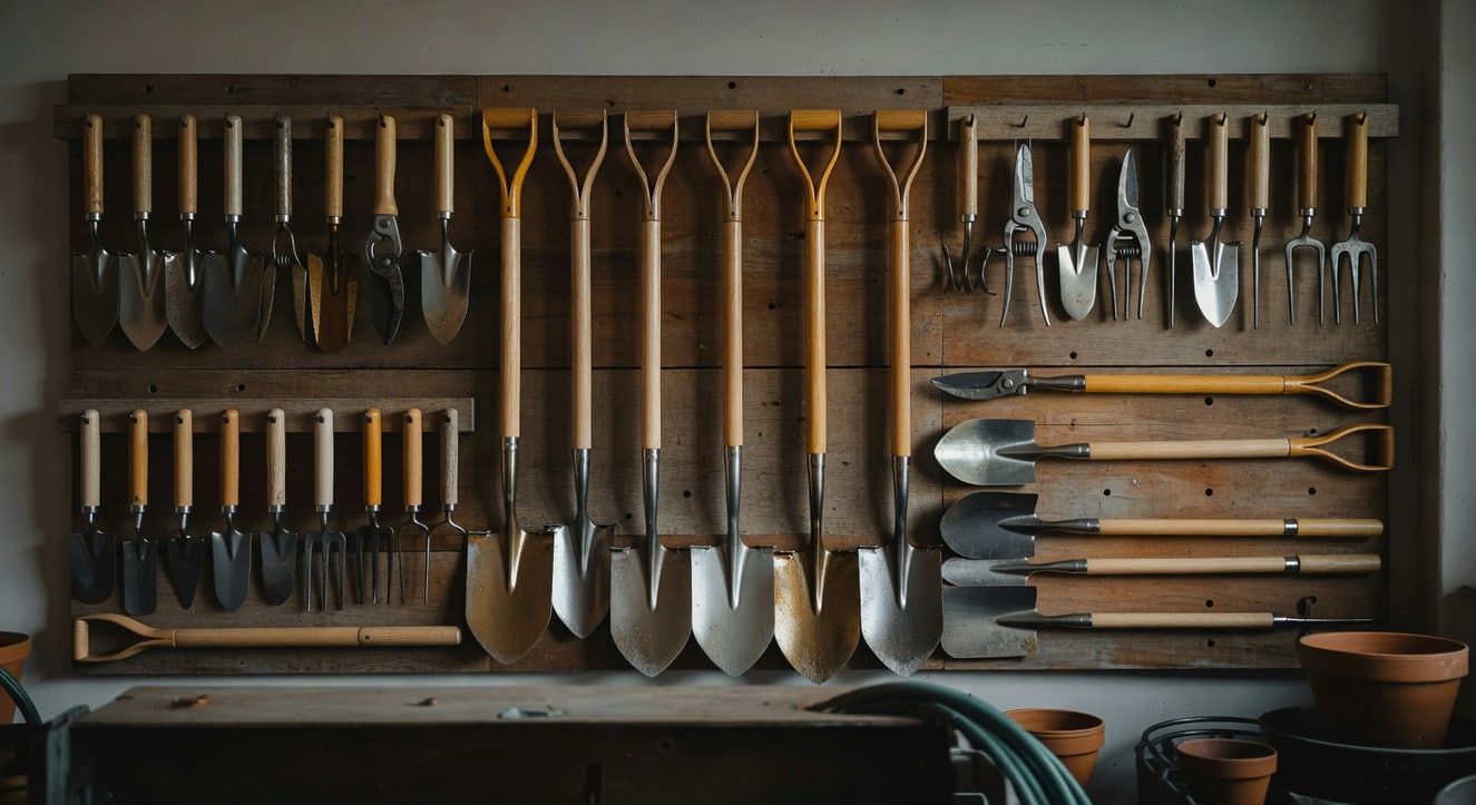 整齊掛著上油保養的鐵鍬和圓鍬的園藝工具牆，木柄泛淡金色光澤