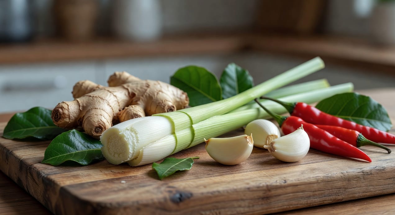 廚房砧板上切開新鮮香茅莖露白綠橫切面，旁邊有薑、蒜、辣椒和檸檬葉