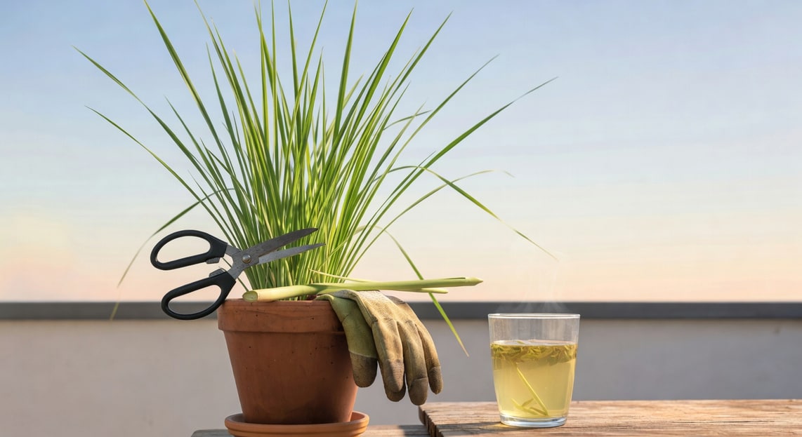 陽台夏日傍晚園藝者戴手套剪香茅莖，一旁擺玻璃杯和剛沖泡的香茅茶