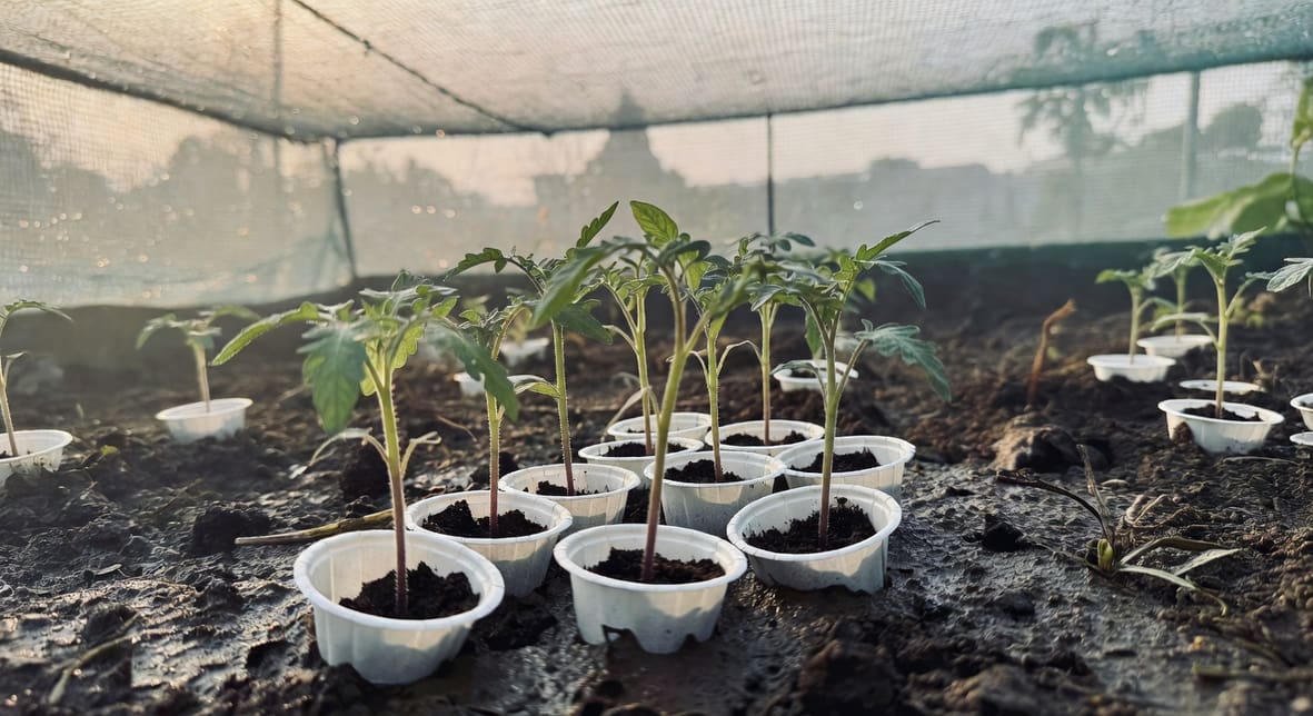 番茄幼苗基部套白色紙杯防護，杯口離地2cm土壤濕潤，早晨陽光柔和，遠處防蟲網棚