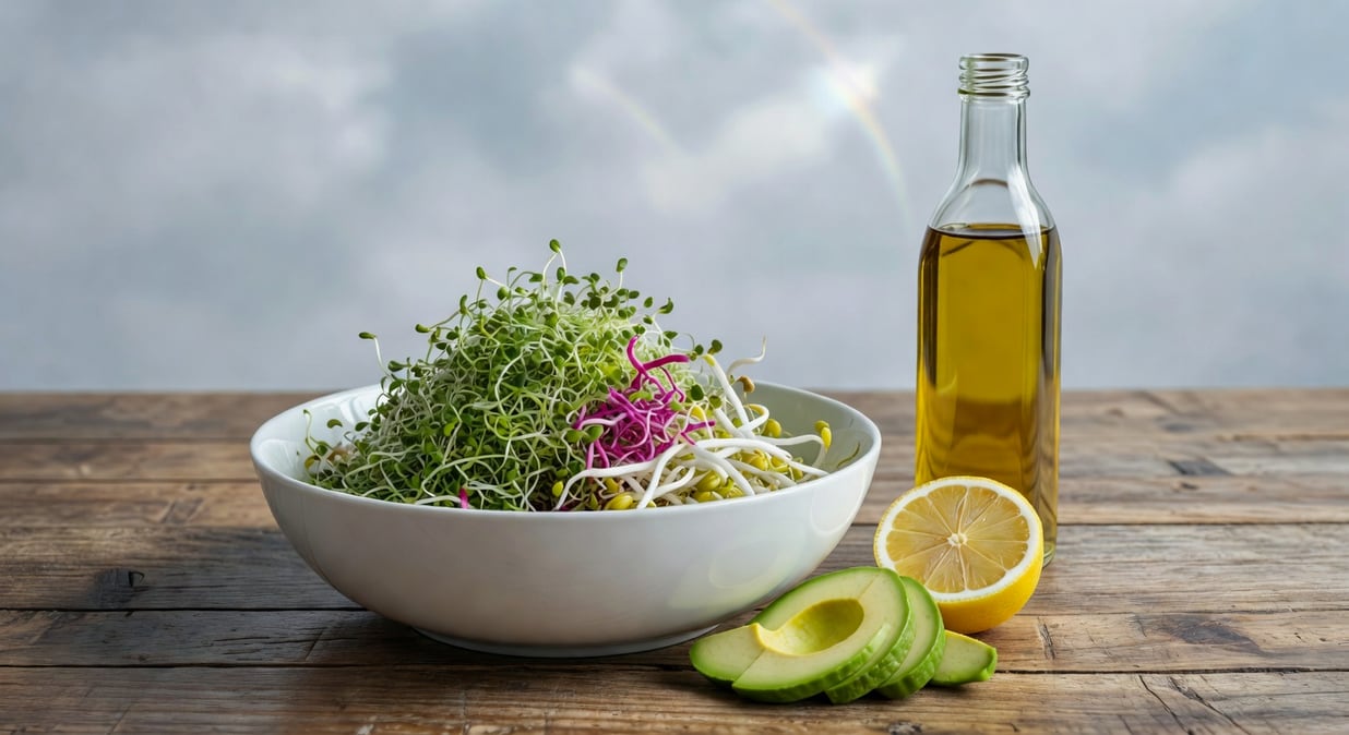 木製餐桌白瓷碗內混合苜蓿、蘿蔔和綠豆芽，旁邊切片酪梨、半顆檸檬與橄欖油瓶。