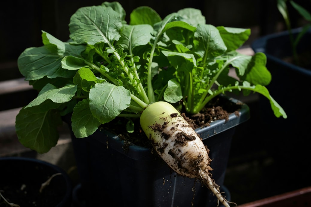 陽台塑膠盆中，白蘿蔔葉茂盛，園丁拔起粗大日本大根，根部沾濕土壤。