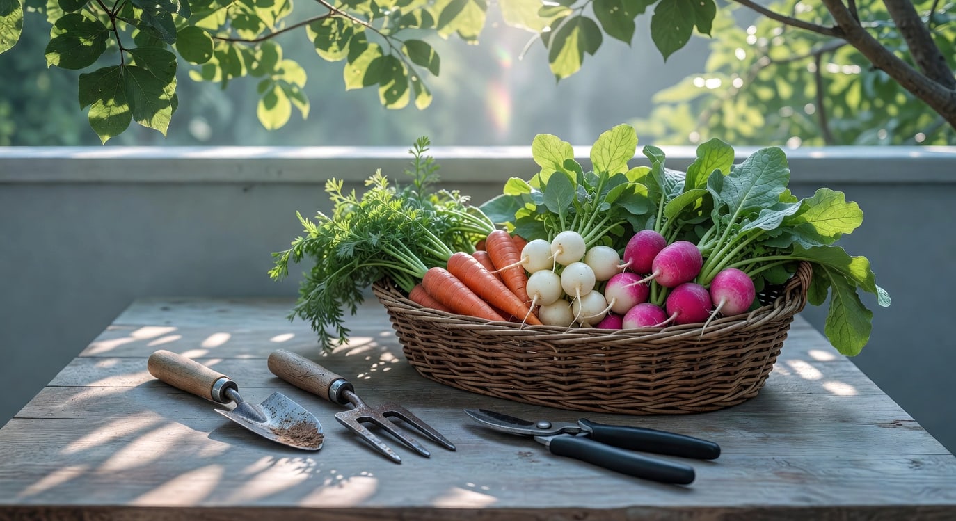 陽台桌上園藝工具，旁藤籃裝新鮮蘿蔔：橘色、白色和粉紅，陽光柔和。