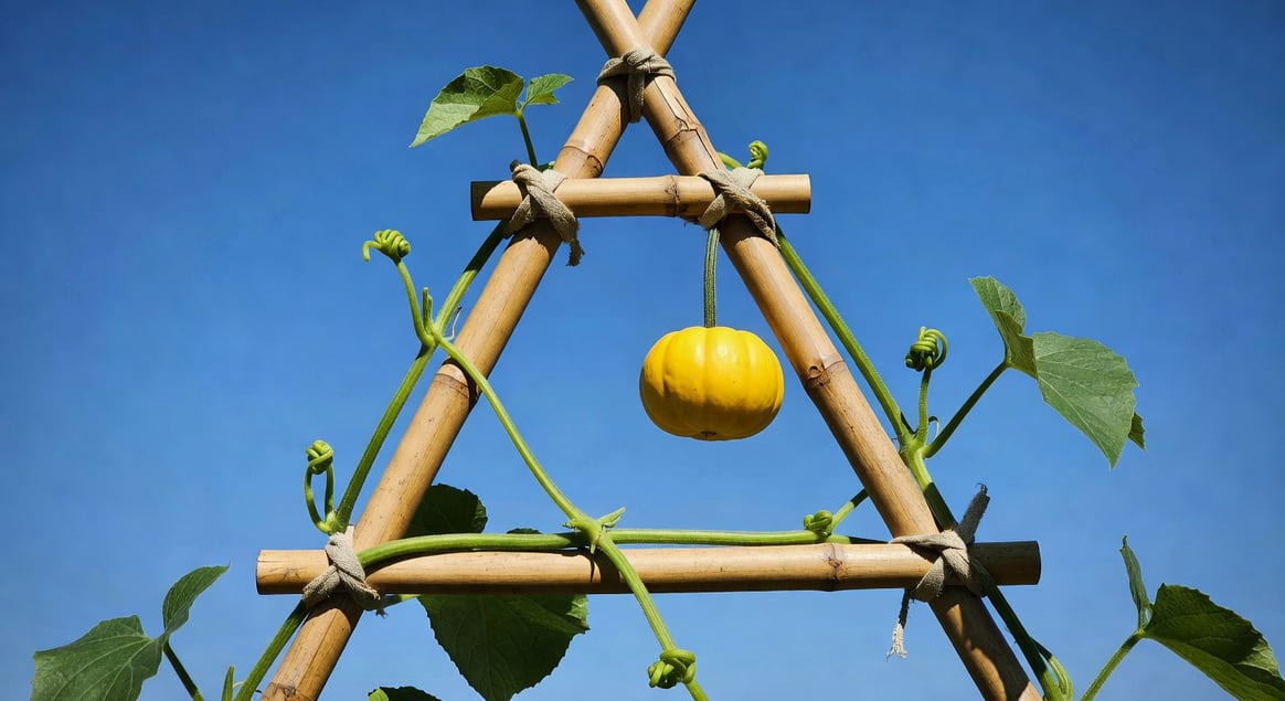 南瓜藤蔓沿A字竹架攀爬，節點布條固定，一顆金黃小南瓜懸掛中段