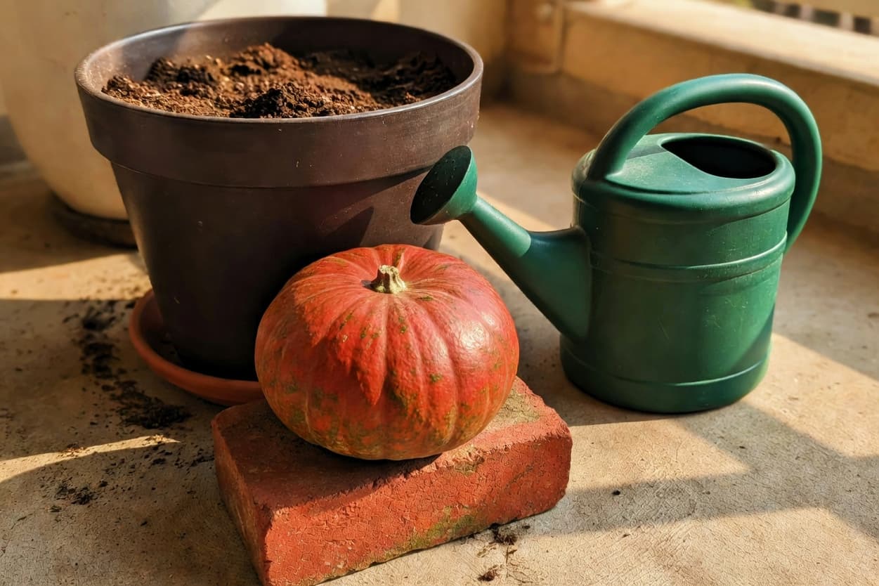 陽台地上成熟橘紅南瓜置紅磚旁，花盆和澆水壺，午後光線溫和