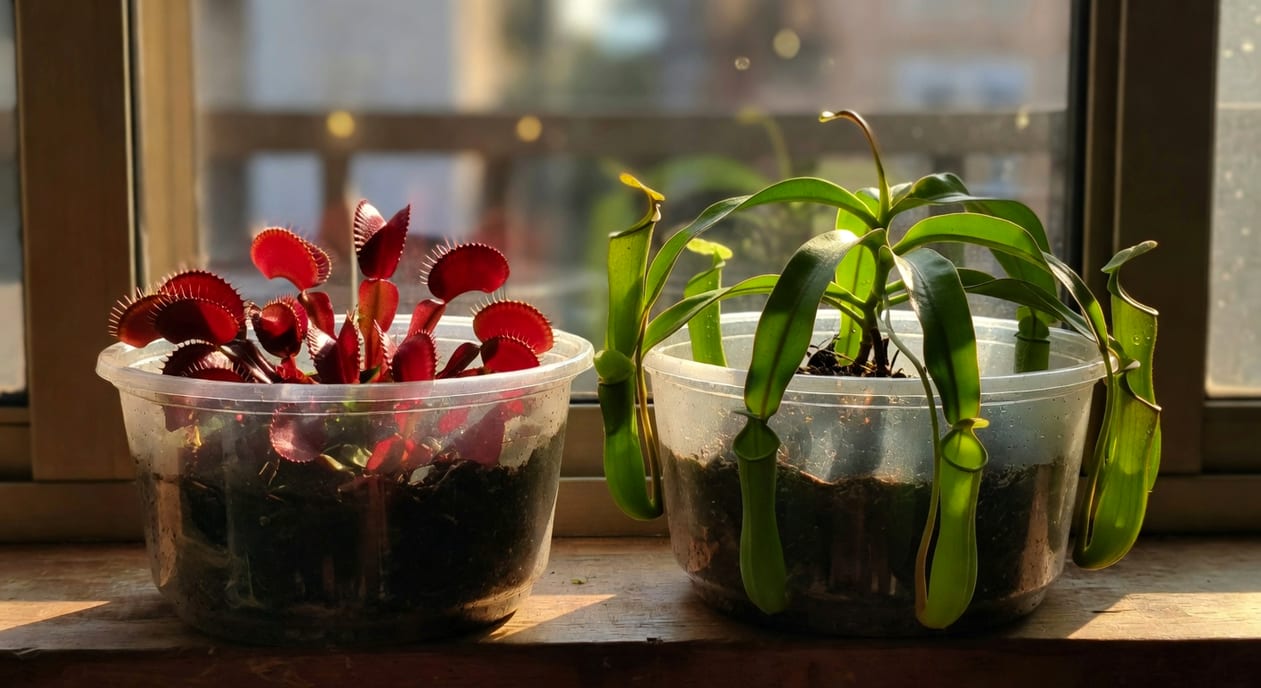 陽台窗邊並排盆栽：左捕蠅草冬季休眠深紅葉，右豬籠草翠綠生長多捕蟲籠