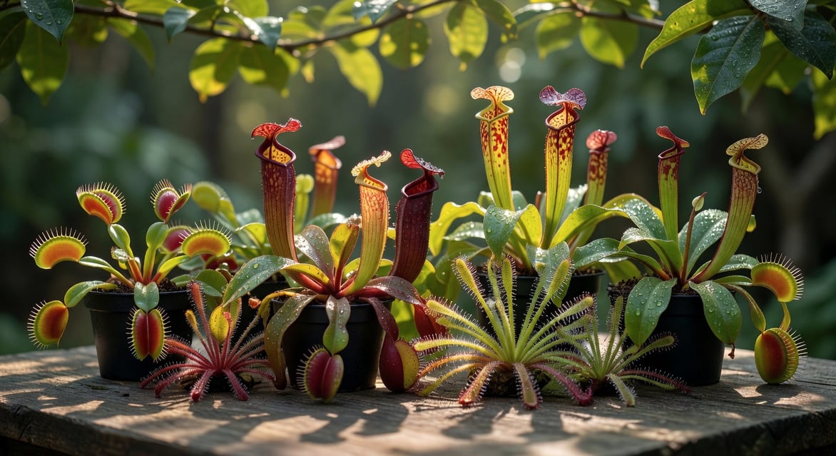 桌上多盆食蟲植物合照：捕蠅草、豬籠草、瓶子草和茅膏菜，叶面閃水珠與紅消化腺