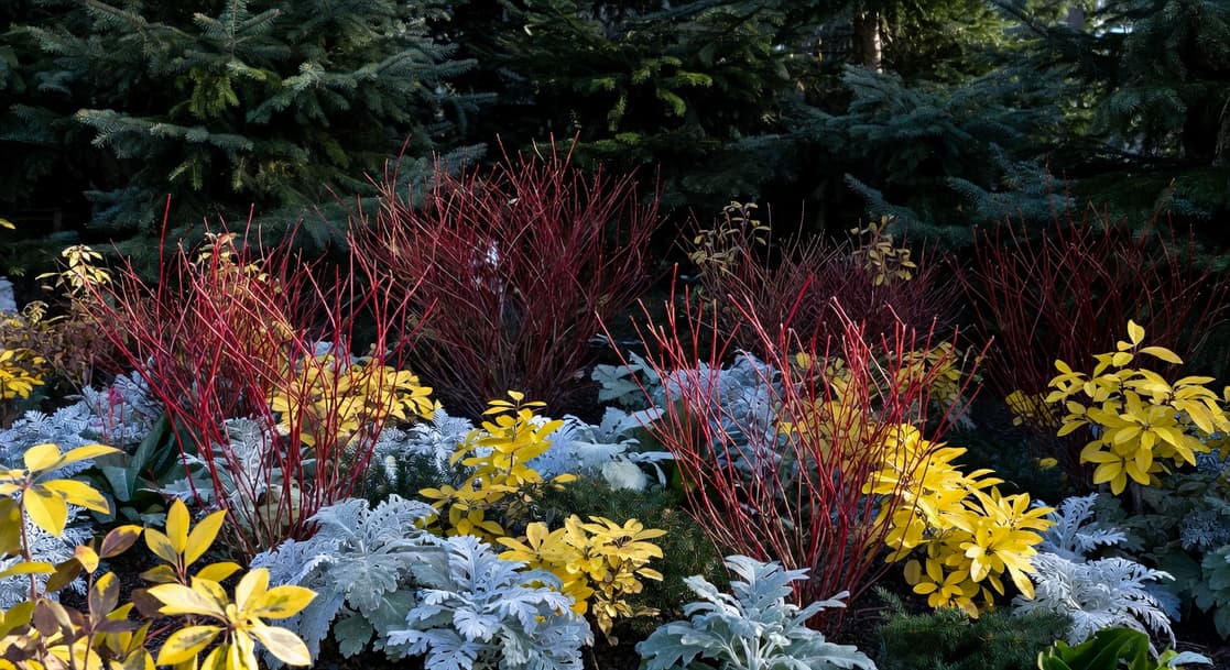 冬季花園全景：紅瑞木紅枝叢立中景，前方銀葉和金葉植物錯落，後方深綠針葉樹作背景。