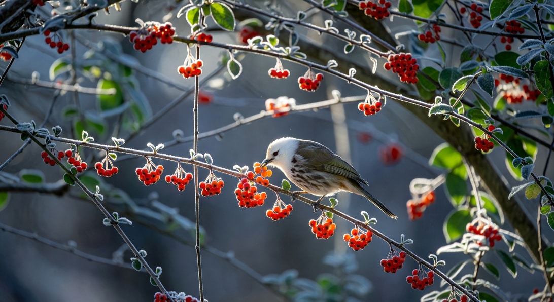 清晨薄霜覆蓋火刺木枝條，白頭翁啄食橙紅漿果，霜白與果紅逆光形成詩意對比。