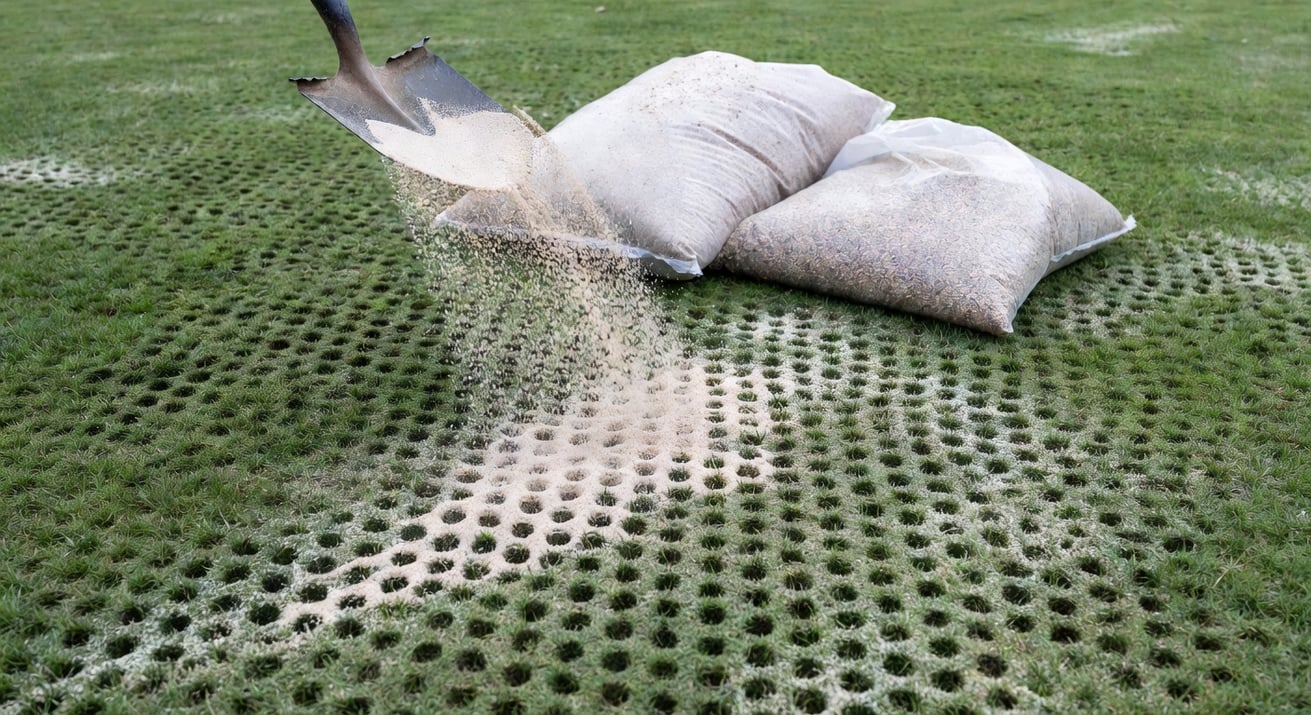 園丁灑細砂在打孔草坪上，旁邊擺放肥料袋和草籽包裝